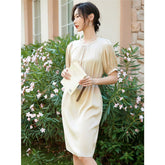 Womens Silk Belted Knee Length Dress Puff Sleeve Gathered Neck Silk Dress